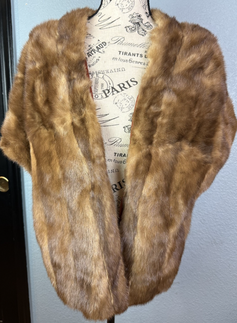 Vintage Fur Mink Stole Wrap Shall Brown Shawl Bolo One Size Lined 50s 60s